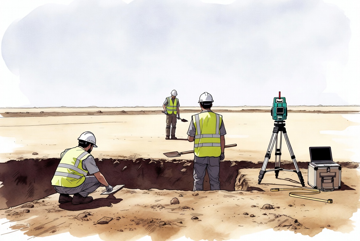 Archaeological excavation scene: workers in high-vis and hard hats on a flat planum